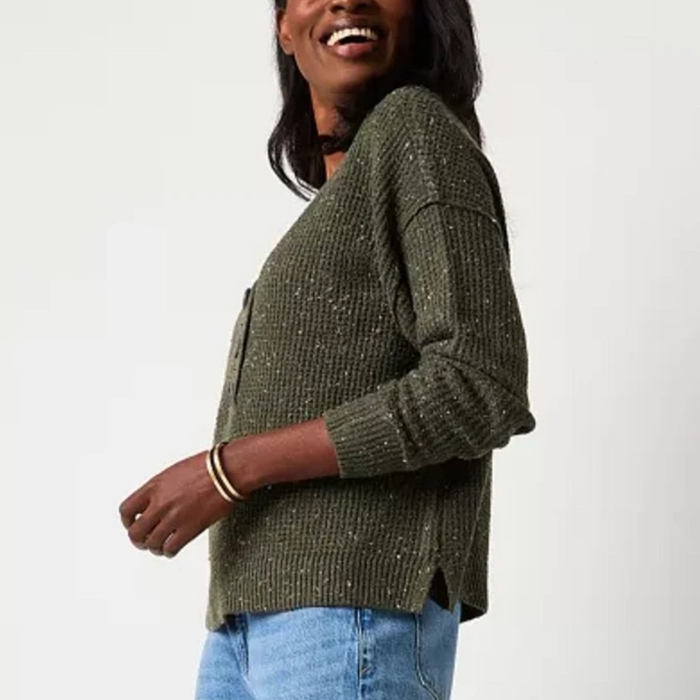 a.n.a Women’s Y Neck Long Sleeve Pullover Sweater Olive Green Size Large